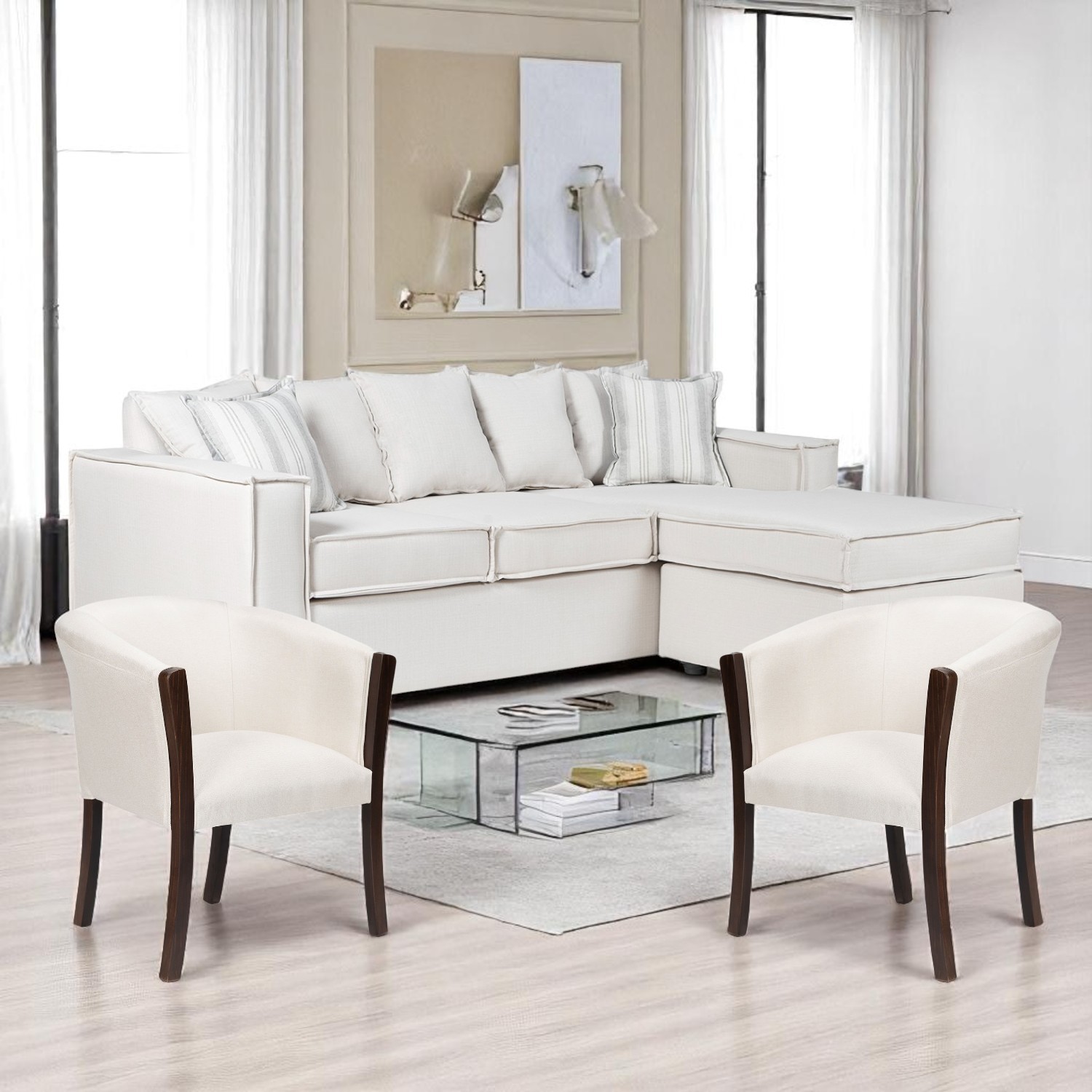 SOFA INTERCAMBIABLE LEHMANN & 2 SILLONES TIPO SITIAL BLANCO BONE
