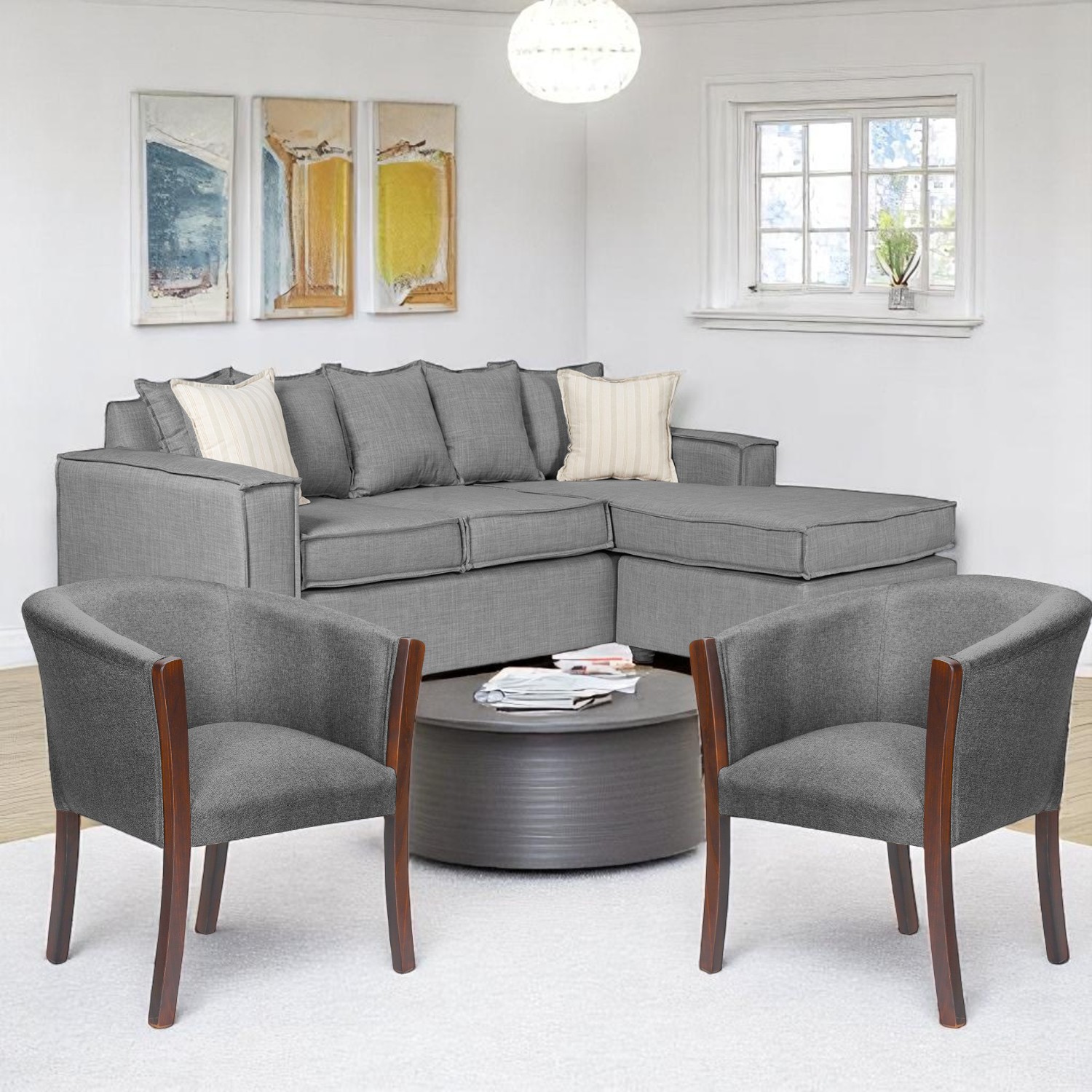 SOFA INTERCAMBIABLE LEHMANN & 2 SILLONES TIPO SITIAL GRIS CLARO